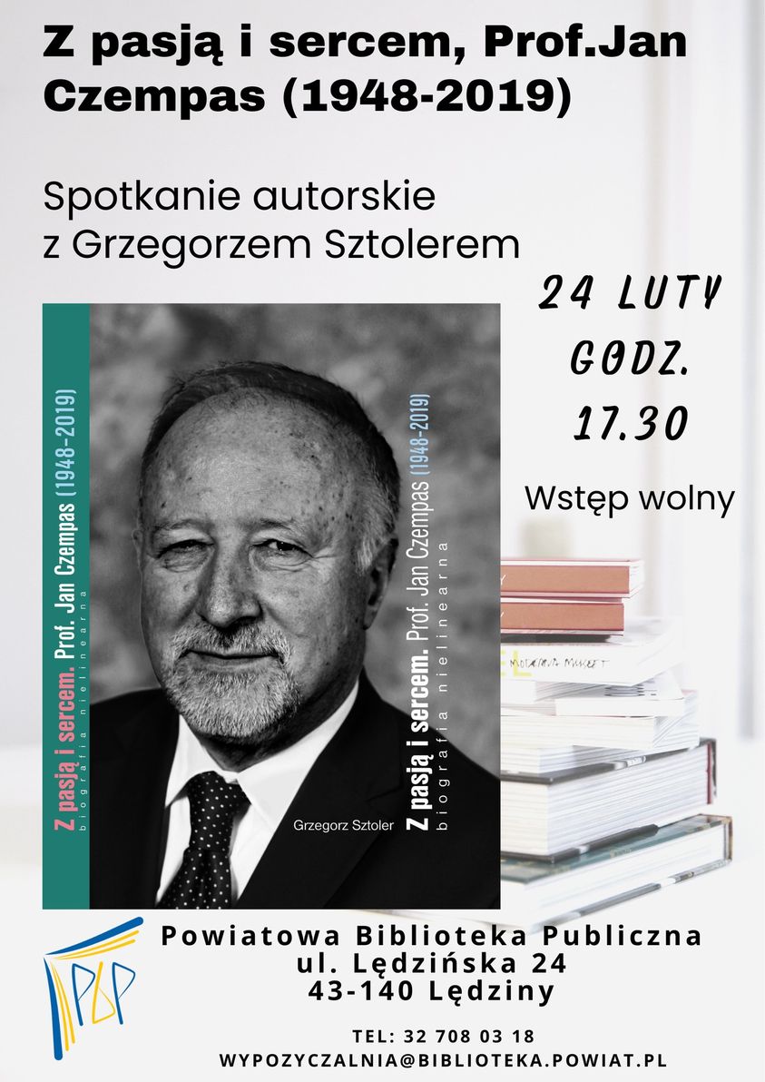 Plakat iformacyjny dot. sptkania autorskiego z G. Sztolerem, na głównym planie okładka książki ze zdjęciem prof. Jana Czempasa